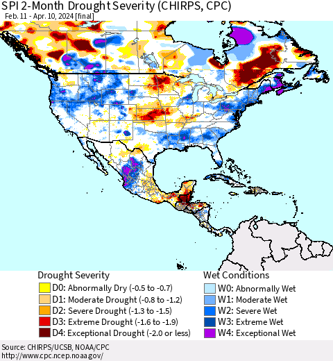 North America SPI 2-Month Drought Severity (CHIRPS) Thematic Map For 2/11/2024 - 4/10/2024