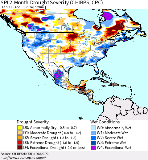 North America SPI 2-Month Drought Severity (CHIRPS) Thematic Map For 2/11/2024 - 4/10/2024