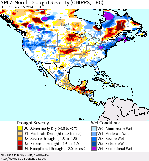 North America SPI 2-Month Drought Severity (CHIRPS) Thematic Map For 2/16/2024 - 4/15/2024