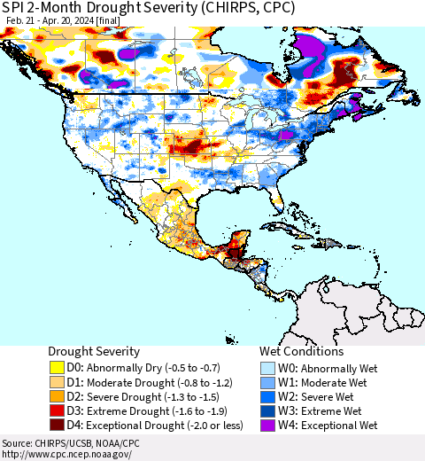 North America SPI 2-Month Drought Severity (CHIRPS) Thematic Map For 2/21/2024 - 4/20/2024