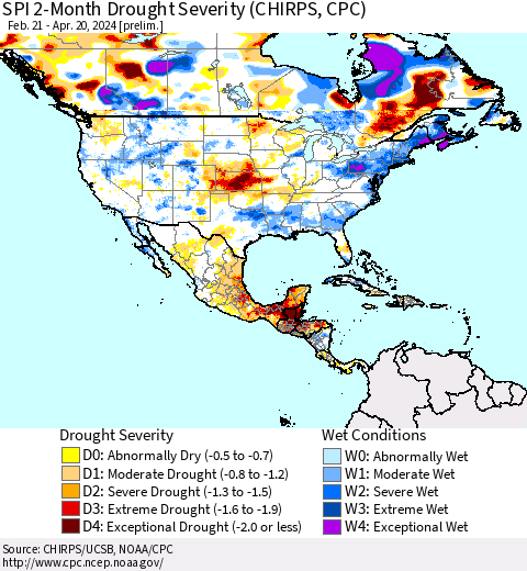 North America SPI 2-Month Drought Severity (CHIRPS) Thematic Map For 2/21/2024 - 4/20/2024
