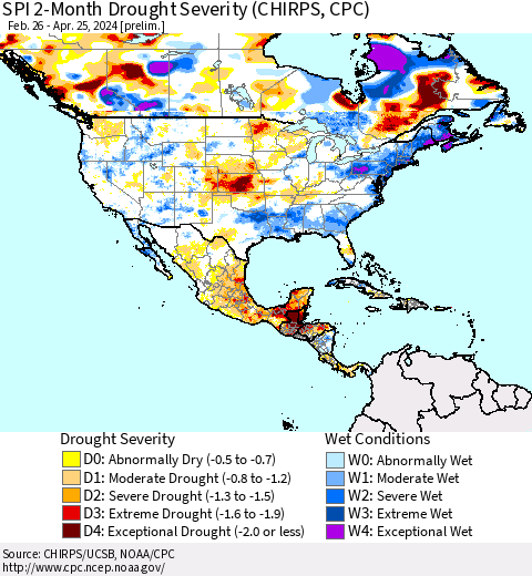 North America SPI 2-Month Drought Severity (CHIRPS) Thematic Map For 2/26/2024 - 4/25/2024