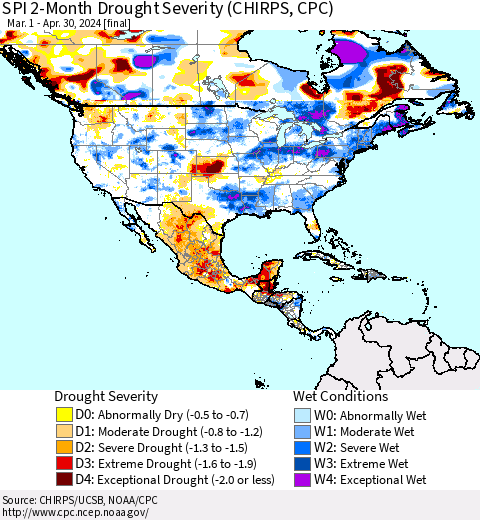 North America SPI 2-Month Drought Severity (CHIRPS) Thematic Map For 3/1/2024 - 4/30/2024