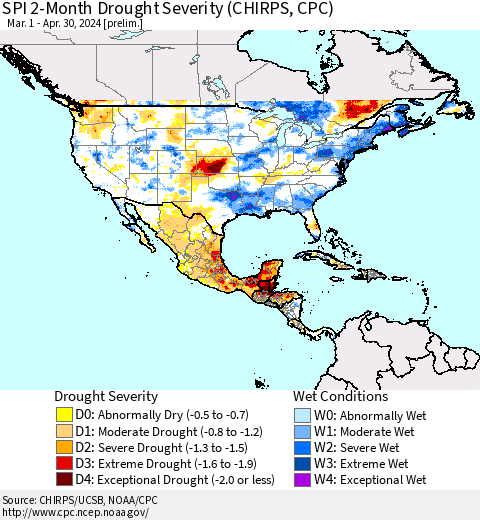 North America SPI 2-Month Drought Severity (CHIRPS) Thematic Map For 3/1/2024 - 4/30/2024