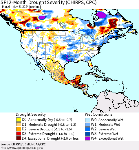 North America SPI 2-Month Drought Severity (CHIRPS) Thematic Map For 3/6/2024 - 5/5/2024