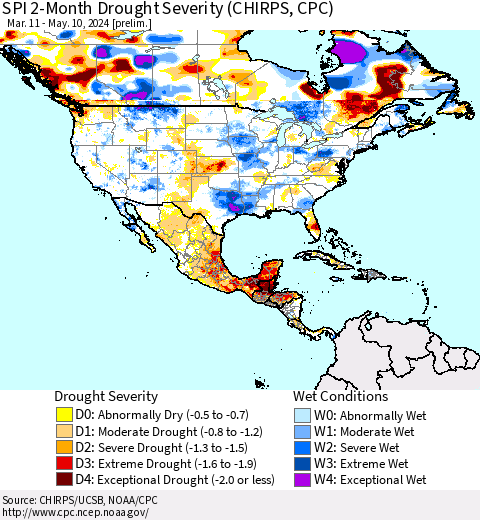 North America SPI 2-Month Drought Severity (CHIRPS) Thematic Map For 3/11/2024 - 5/10/2024