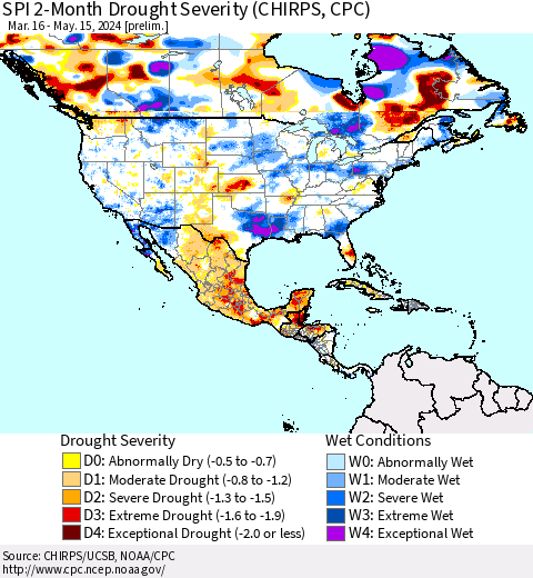 North America SPI 2-Month Drought Severity (CHIRPS) Thematic Map For 3/16/2024 - 5/15/2024