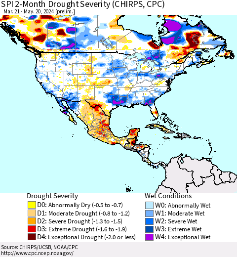 North America SPI 2-Month Drought Severity (CHIRPS) Thematic Map For 3/21/2024 - 5/20/2024