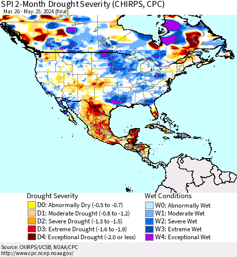 North America SPI 2-Month Drought Severity (CHIRPS) Thematic Map For 3/26/2024 - 5/25/2024