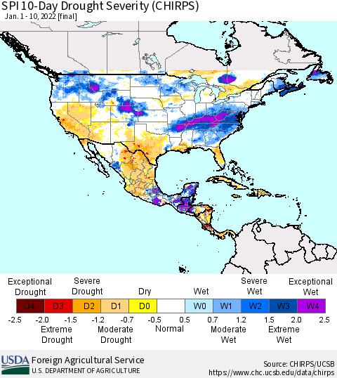 North America SPI 10-Day Drought Severity (CHIRPS) Thematic Map For 1/1/2022 - 1/10/2022