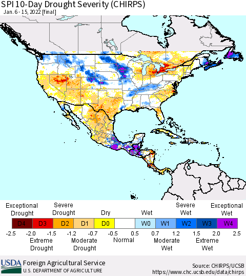 North America SPI 10-Day Drought Severity (CHIRPS) Thematic Map For 1/6/2022 - 1/15/2022