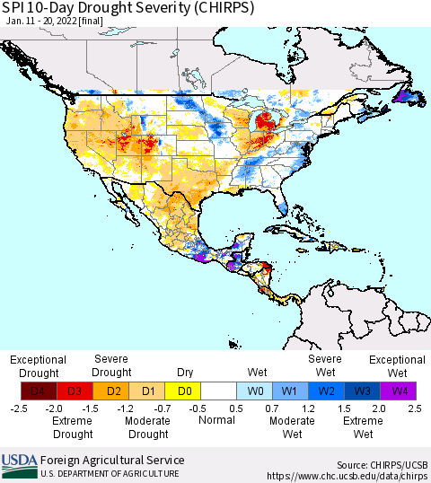 North America SPI 10-Day Drought Severity (CHIRPS) Thematic Map For 1/11/2022 - 1/20/2022