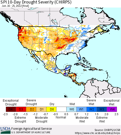 North America SPI 10-Day Drought Severity (CHIRPS) Thematic Map For 1/16/2022 - 1/25/2022