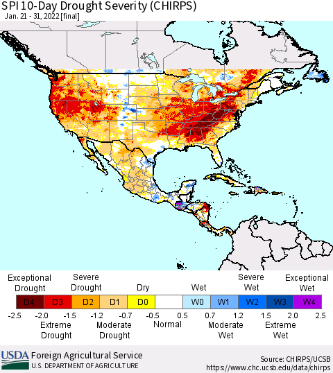 North America SPI 10-Day Drought Severity (CHIRPS) Thematic Map For 1/21/2022 - 1/31/2022