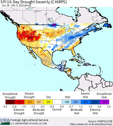 North America SPI 10-Day Drought Severity (CHIRPS) Thematic Map For 1/26/2022 - 2/5/2022