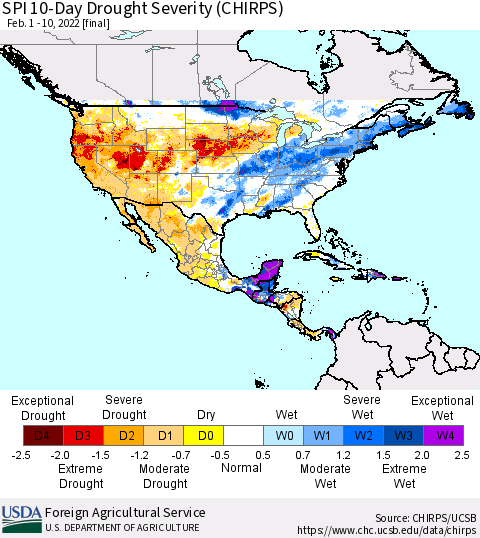 North America SPI 10-Day Drought Severity (CHIRPS) Thematic Map For 2/1/2022 - 2/10/2022