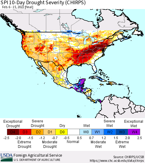 North America SPI 10-Day Drought Severity (CHIRPS) Thematic Map For 2/6/2022 - 2/15/2022