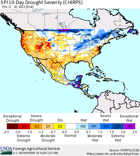 North America SPI 10-Day Drought Severity (CHIRPS) Thematic Map For 2/11/2022 - 2/20/2022