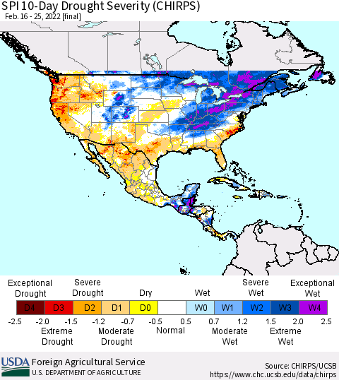 North America SPI 10-Day Drought Severity (CHIRPS) Thematic Map For 2/16/2022 - 2/25/2022