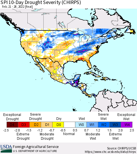 North America SPI 10-Day Drought Severity (CHIRPS) Thematic Map For 2/21/2022 - 2/28/2022