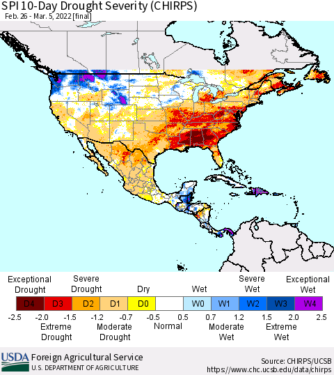 North America SPI 10-Day Drought Severity (CHIRPS) Thematic Map For 2/26/2022 - 3/5/2022
