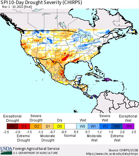 North America SPI 10-Day Drought Severity (CHIRPS) Thematic Map For 3/1/2022 - 3/10/2022