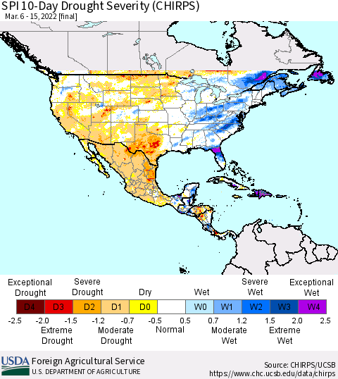 North America SPI 10-Day Drought Severity (CHIRPS) Thematic Map For 3/6/2022 - 3/15/2022