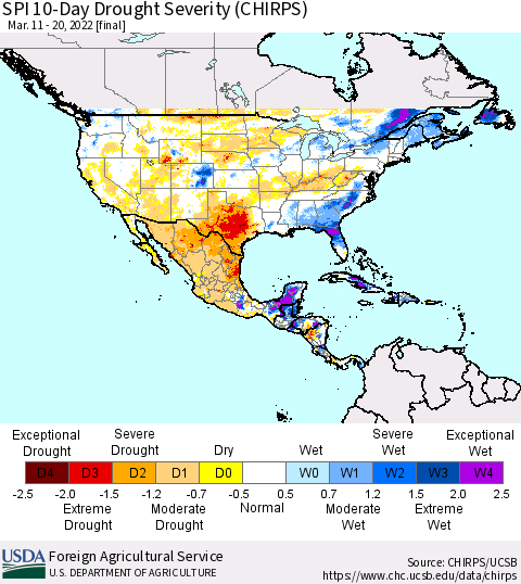 North America SPI 10-Day Drought Severity (CHIRPS) Thematic Map For 3/11/2022 - 3/20/2022