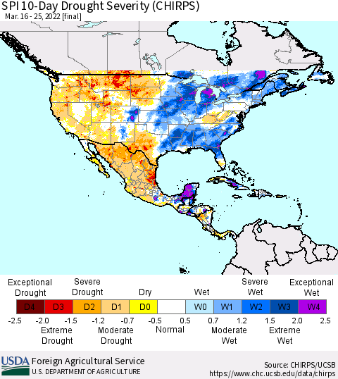 North America SPI 10-Day Drought Severity (CHIRPS) Thematic Map For 3/16/2022 - 3/25/2022