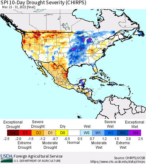 North America SPI 10-Day Drought Severity (CHIRPS) Thematic Map For 3/21/2022 - 3/31/2022