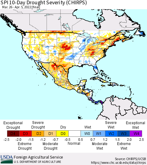 North America SPI 10-Day Drought Severity (CHIRPS) Thematic Map For 3/26/2022 - 4/5/2022