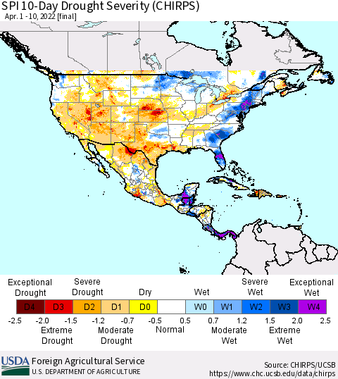 North America SPI 10-Day Drought Severity (CHIRPS) Thematic Map For 4/1/2022 - 4/10/2022