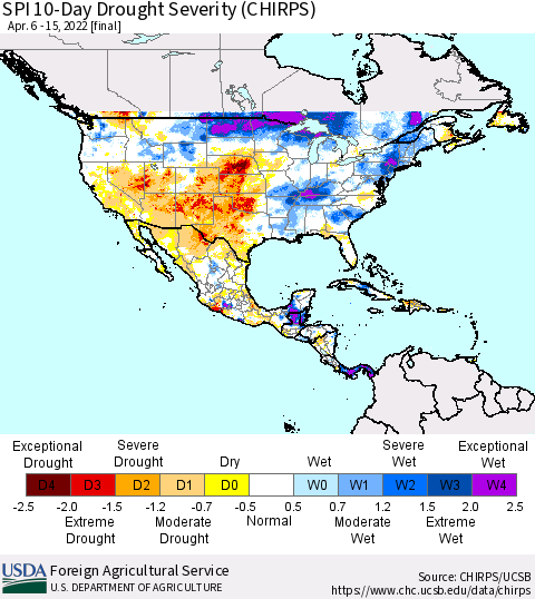 North America SPI 10-Day Drought Severity (CHIRPS) Thematic Map For 4/6/2022 - 4/15/2022