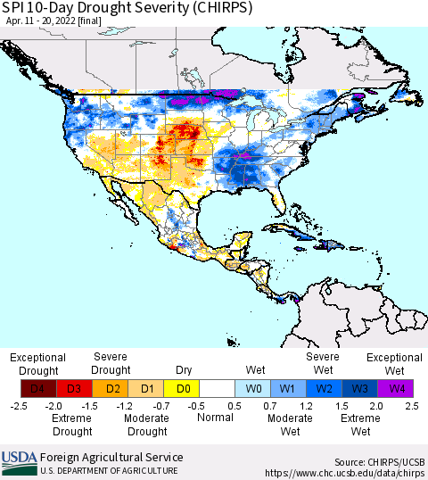 North America SPI 10-Day Drought Severity (CHIRPS) Thematic Map For 4/11/2022 - 4/20/2022