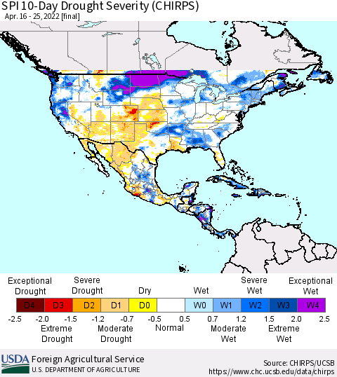 North America SPI 10-Day Drought Severity (CHIRPS) Thematic Map For 4/16/2022 - 4/25/2022