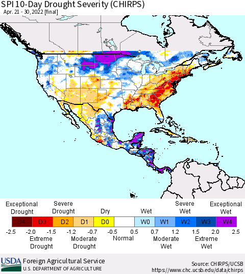 North America SPI 10-Day Drought Severity (CHIRPS) Thematic Map For 4/21/2022 - 4/30/2022