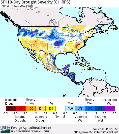 North America SPI 10-Day Drought Severity (CHIRPS) Thematic Map For 4/26/2022 - 5/5/2022