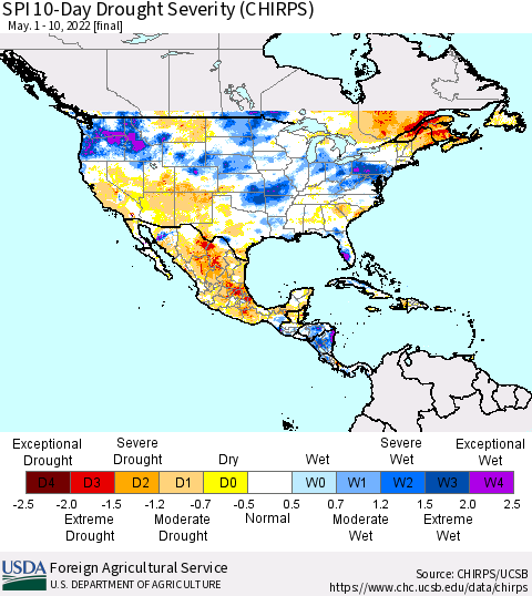 North America SPI 10-Day Drought Severity (CHIRPS) Thematic Map For 5/1/2022 - 5/10/2022
