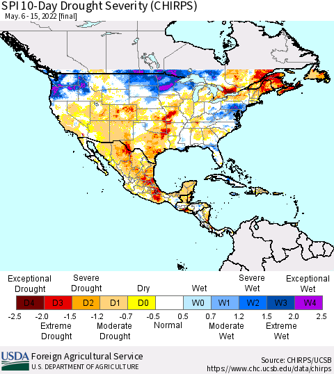 North America SPI 10-Day Drought Severity (CHIRPS) Thematic Map For 5/6/2022 - 5/15/2022