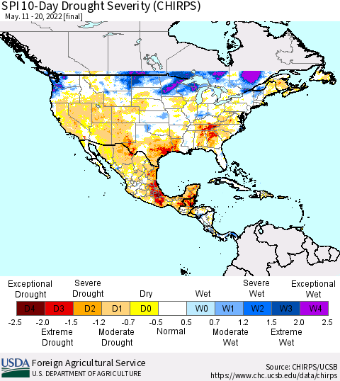 North America SPI 10-Day Drought Severity (CHIRPS) Thematic Map For 5/11/2022 - 5/20/2022