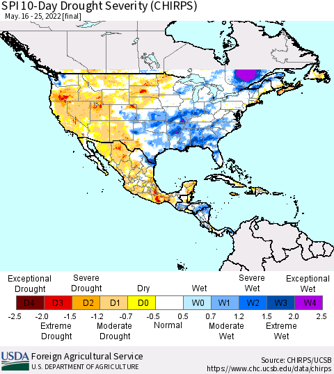 North America SPI 10-Day Drought Severity (CHIRPS) Thematic Map For 5/16/2022 - 5/25/2022