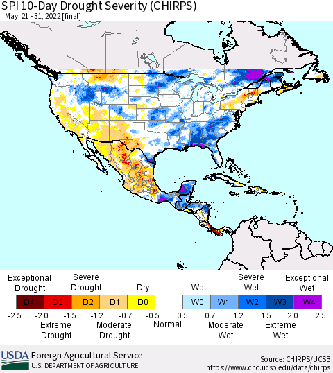 North America SPI 10-Day Drought Severity (CHIRPS) Thematic Map For 5/21/2022 - 5/31/2022