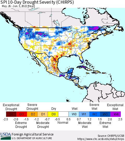 North America SPI 10-Day Drought Severity (CHIRPS) Thematic Map For 5/26/2022 - 6/5/2022