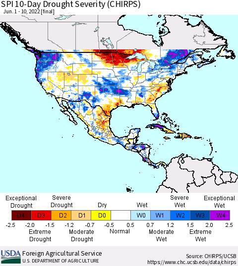 North America SPI 10-Day Drought Severity (CHIRPS) Thematic Map For 6/1/2022 - 6/10/2022