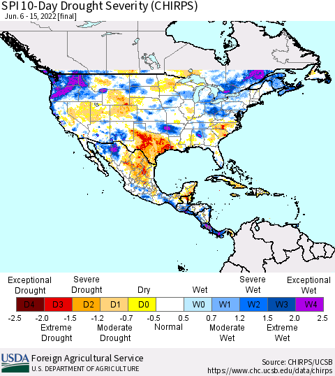 North America SPI 10-Day Drought Severity (CHIRPS) Thematic Map For 6/6/2022 - 6/15/2022