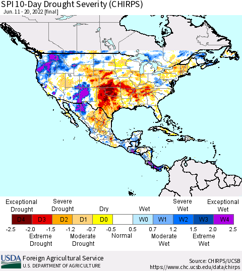 North America SPI 10-Day Drought Severity (CHIRPS) Thematic Map For 6/11/2022 - 6/20/2022