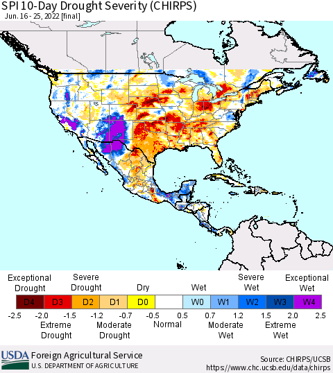 North America SPI 10-Day Drought Severity (CHIRPS) Thematic Map For 6/16/2022 - 6/25/2022