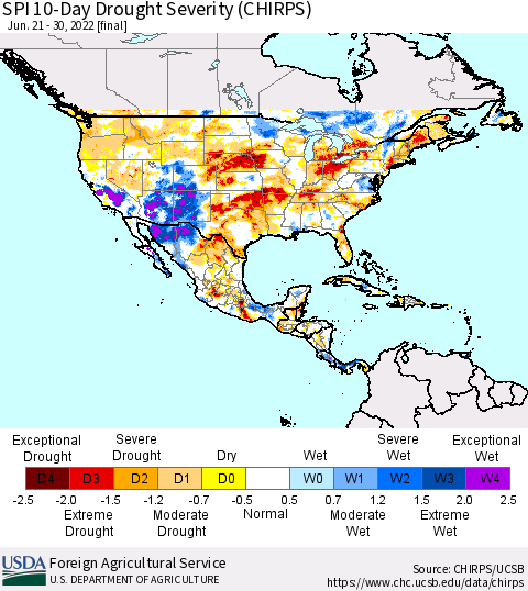 North America SPI 10-Day Drought Severity (CHIRPS) Thematic Map For 6/21/2022 - 6/30/2022
