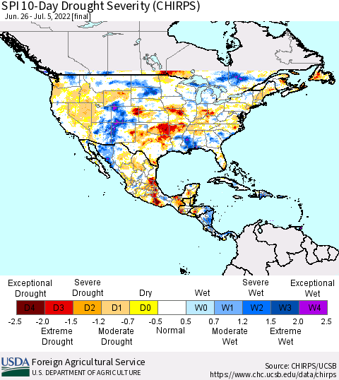 North America SPI 10-Day Drought Severity (CHIRPS) Thematic Map For 6/26/2022 - 7/5/2022