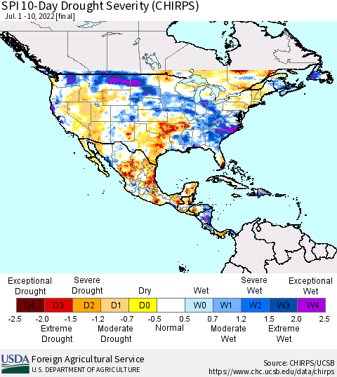 North America SPI 10-Day Drought Severity (CHIRPS) Thematic Map For 7/1/2022 - 7/10/2022